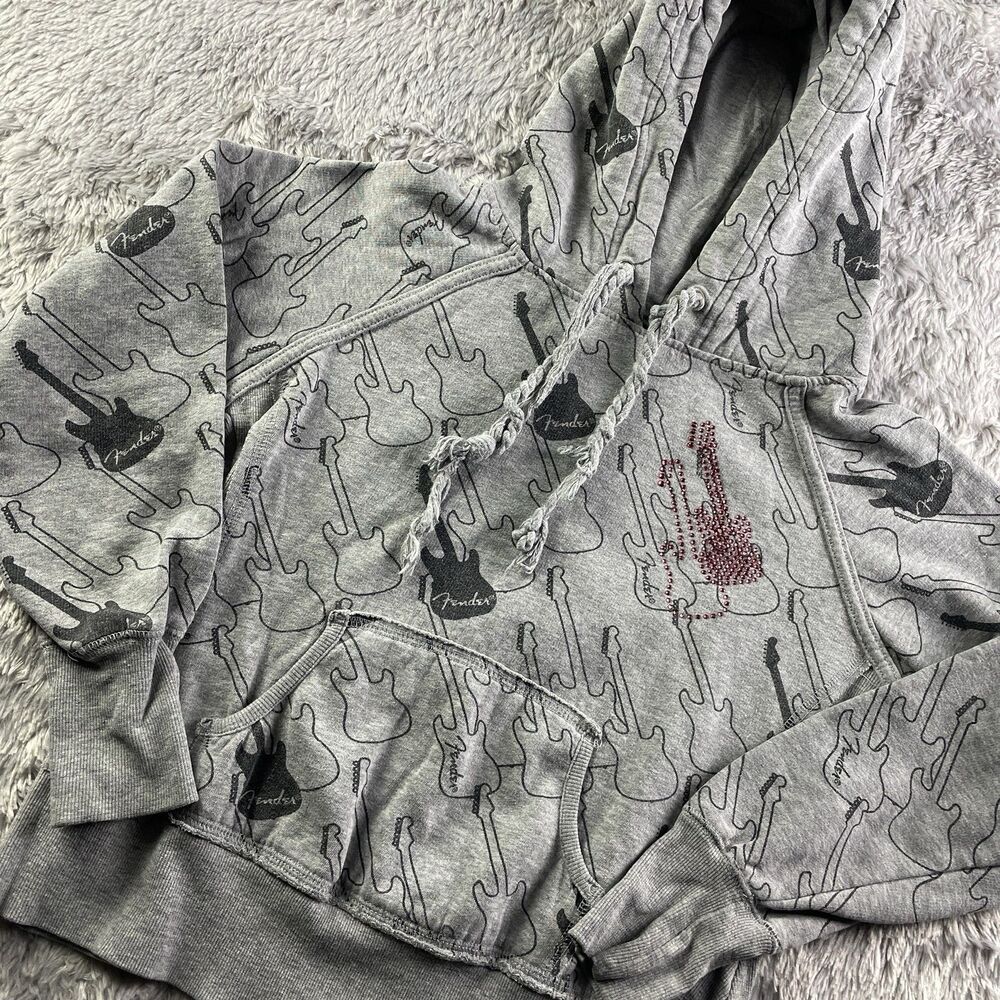 Fender Sweatshirt Youth Large Gray Black Hoodie Guitar Music All Over Print AOP